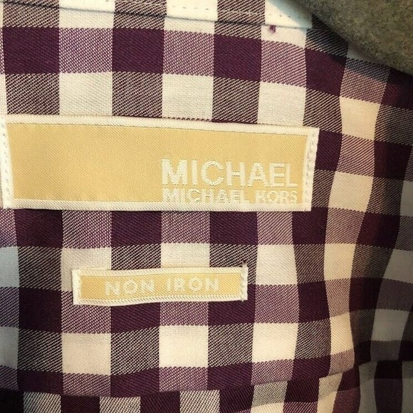 Michael Kors NWT Mens No Iron Button Up Shirt Size 17 32/33 Dark Purple Check - Picture 2 of 7